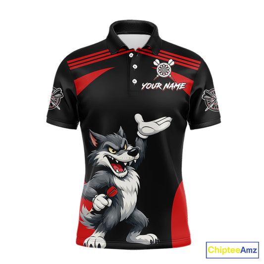 Black And Red Funny Wolf Darts Shirt For Men Custom Darts Jersey, Darts Outift Polo & 1/4 Zip TDM6142