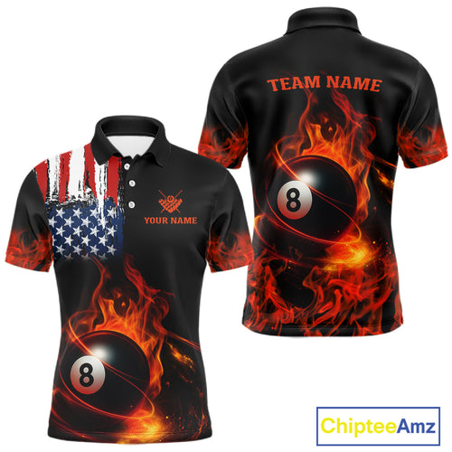 Orange Flaming American Flag 8 Ball Billiard Shirt For Men Custom Patriotic Pool Team Jersey TDM4841