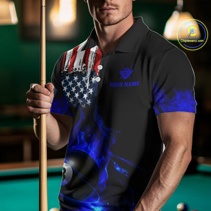 Blue Flaming American Flag 8 Ball Billiard Shirt For Men Custom Patriotic Pool Team Jersey TDM4842