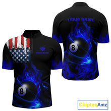 Load image into Gallery viewer, Blue Flaming American Flag 8 Ball Billiard Shirt For Men Custom Patriotic Pool Team Jersey TDM4842