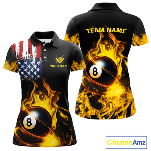 Yellow Flaming American Flag 8 Ball Billiard Shirt For Women Custom Patriotic Pool Team Jersey TDM4843