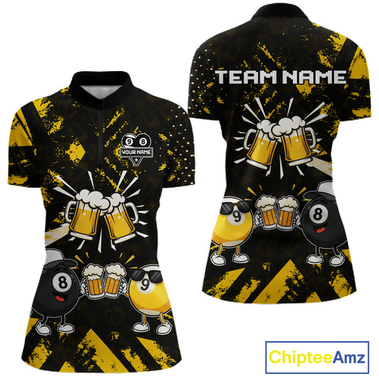 Yellow Black Funny Beer Billiard Shirt For Women Custom 8 Ball & 9 Ball Pool Jersey Polo & 1/4 Zip TDM5288