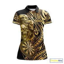 Load image into Gallery viewer, Black And Gold Custom Skull Darts Shirt For Women, Tribal Darts Team Jersey Polo &amp; Quarter Zip TDM5805