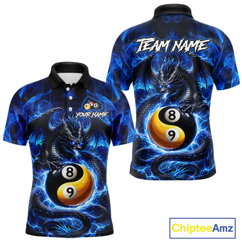 Blue 8 Ball & 9 Ball Fire Yin And Yang Dragon Billiard Shirt For Men Custom Pool Team Jersey TDM5841