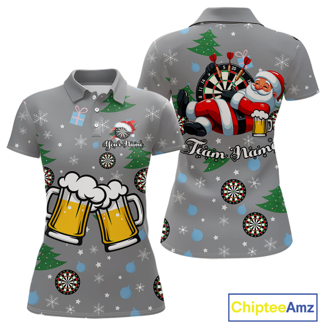 Funny Santa And Beer Christmas Darts Polo & 1/4 Zip For Women Custom Xmas Darts Shirt, Darts Gift TDM4911