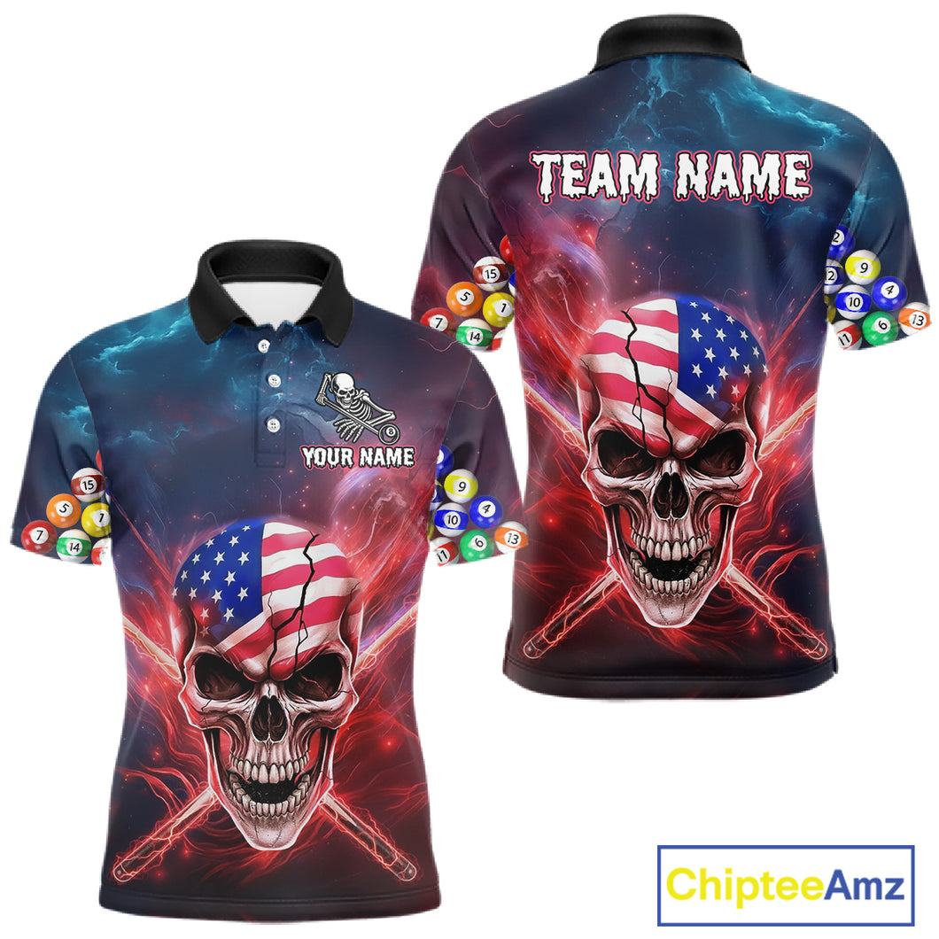 US Flag Patriotic Skull Men's Billiard Shirt Custom Pool Team Shirt Billiard Jersey Polo & 1/4 Zip TDM5140