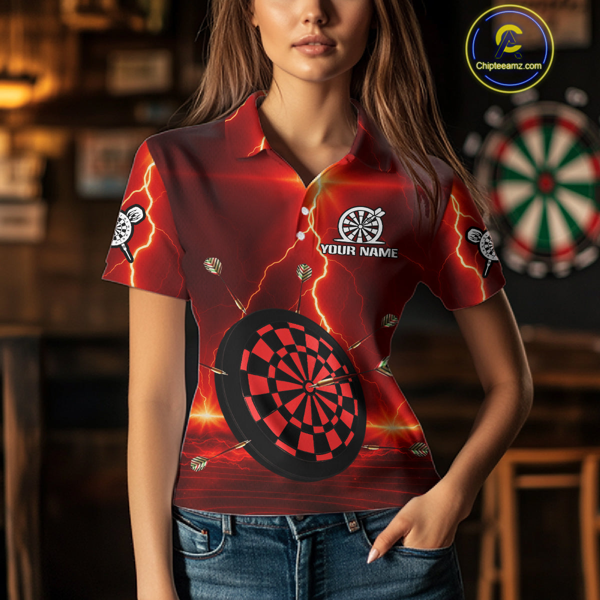 Personalized Dartboard Thunder Lightning Red Darts Shirt For Women Custom Glowing Darts Team Jersey TDM4919