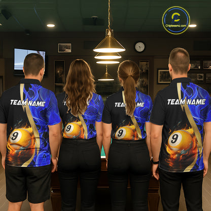 Blue 8 Ball & 9 Ball Fire Flame Billiard Shirt For Men Custom Pool Team Shirts, Billiard Jersey TDM5350