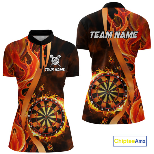 Orange Flaming Dartboard Golden Darts Shirt For Women Custom Darts Jersey Team Polo & 1/4 Zip TDM5351