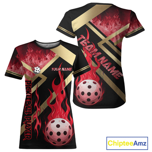 Red Flames Pickleball Ball T-Shirt For Women Custom Pickleball Jersey Personalized Team Apparel