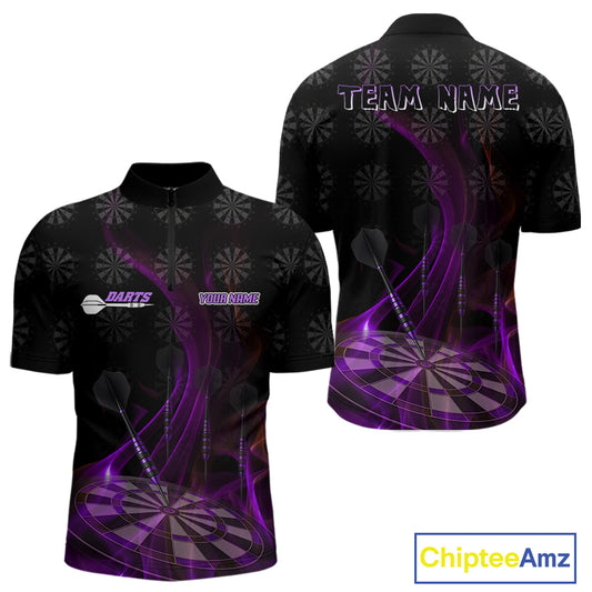 Flaming Dartboard 3D & Dart Arrow Purple Men's Darts Shirt Custom Name For Players NYN0693