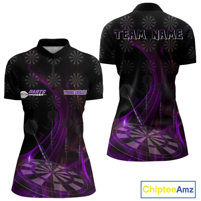 Flaming Dartboard 3D & Dart Arrow Purple Men's Darts Shirt Custom Name For Players NYN0693