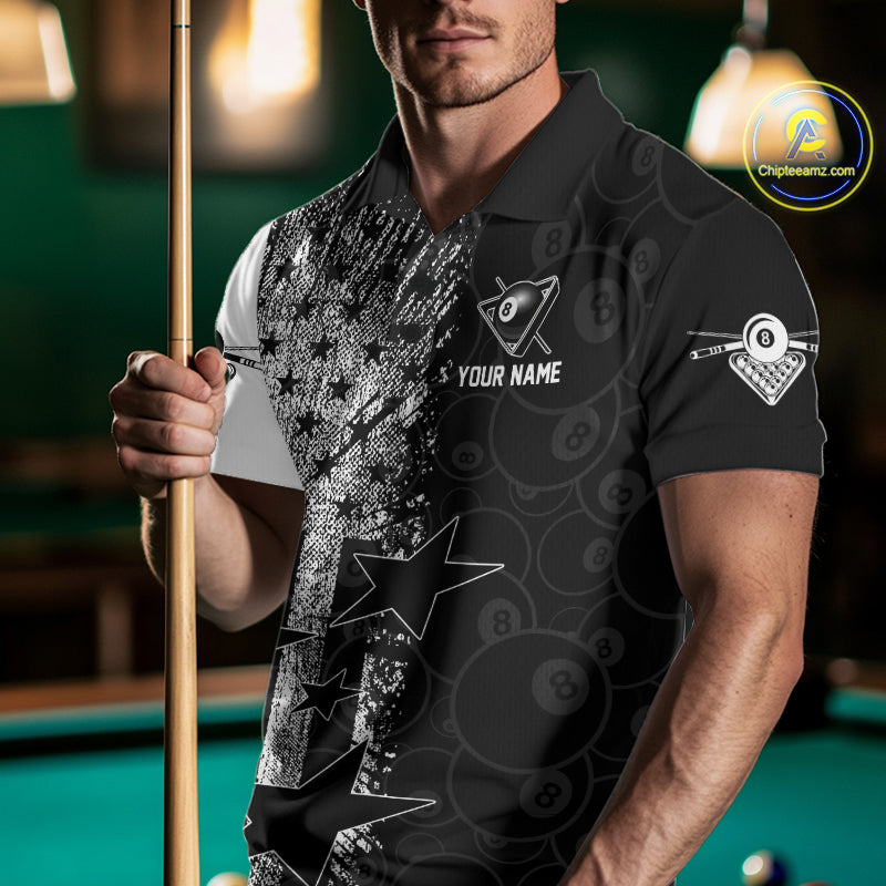 Male billiard player wearing American flag grunge billiard jersey during professional tournament, premium sports apparel for veterans, patriotic Americans and competitive athletes, symbolizing confidence, courage and leadership.