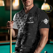 Load image into Gallery viewer, Male billiard player wearing American flag grunge billiard jersey during professional tournament, premium sports apparel for veterans, patriotic Americans and competitive athletes, symbolizing confidence, courage and leadership.