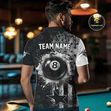 Load image into Gallery viewer, Male billiard player wearing American flag grunge billiard jersey during professional tournament, premium sports apparel for veterans, patriotic Americans and competitive athletes, symbolizing confidence, courage and leadership.