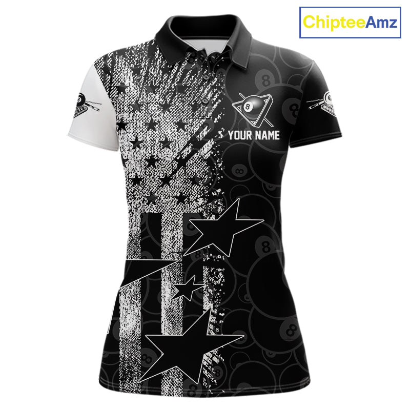 Women's patriotic billiard polo featuring distressed American flag and glowing 8 ball graphics, personalized performance apparel for veterans, military families, APA leagues and patriotic pool players, symbolizing freedom, honor and leadership.
