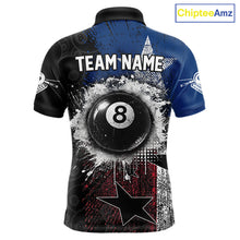 Load image into Gallery viewer, Men's billiard polo featuring distressed Texas flag and realistic 8 ball graphics, personalized performance apparel for Texas pool teams, rodeo enthusiasts, outdoor lifestyle and APA leagues, symbolizing independence, pride and resilience.