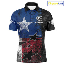Load image into Gallery viewer, Men's billiard polo featuring distressed Texas flag and realistic 8 ball graphics, personalized performance apparel for Texas pool teams, rodeo enthusiasts, outdoor lifestyle and APA leagues, symbolizing independence, pride and resilience.