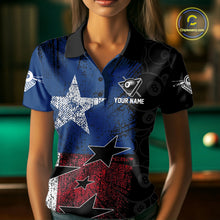 Load image into Gallery viewer, Female billiard player wearing Texas flag grunge billiard jersey during championship tournament, premium sports apparel for Texas residents, western lifestyle enthusiasts and professional competitors, symbolizing confidence, independence and victory.