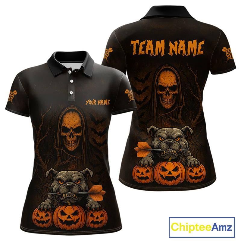 Custom Skeleton Bulldog Dartboard Halloween Orange Dart Women Polo Shirt Dart Jerseys NYN1557