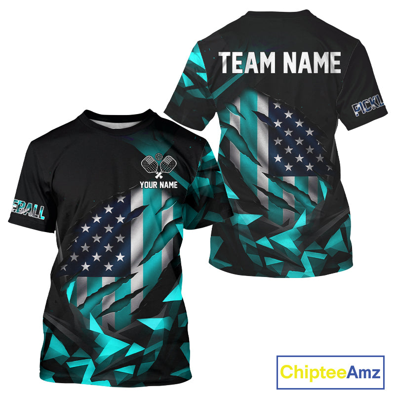 Custom Black & Turquoise Patriotic Pickleball Men T-Shirt US Flag Pickleball Jerseys NYN1569