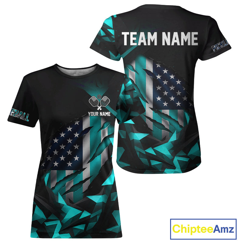 Custom Black & Turquoise Patriotic Pickleball Women T-Shirt US Flag Pickleball Jerseys NYN1569