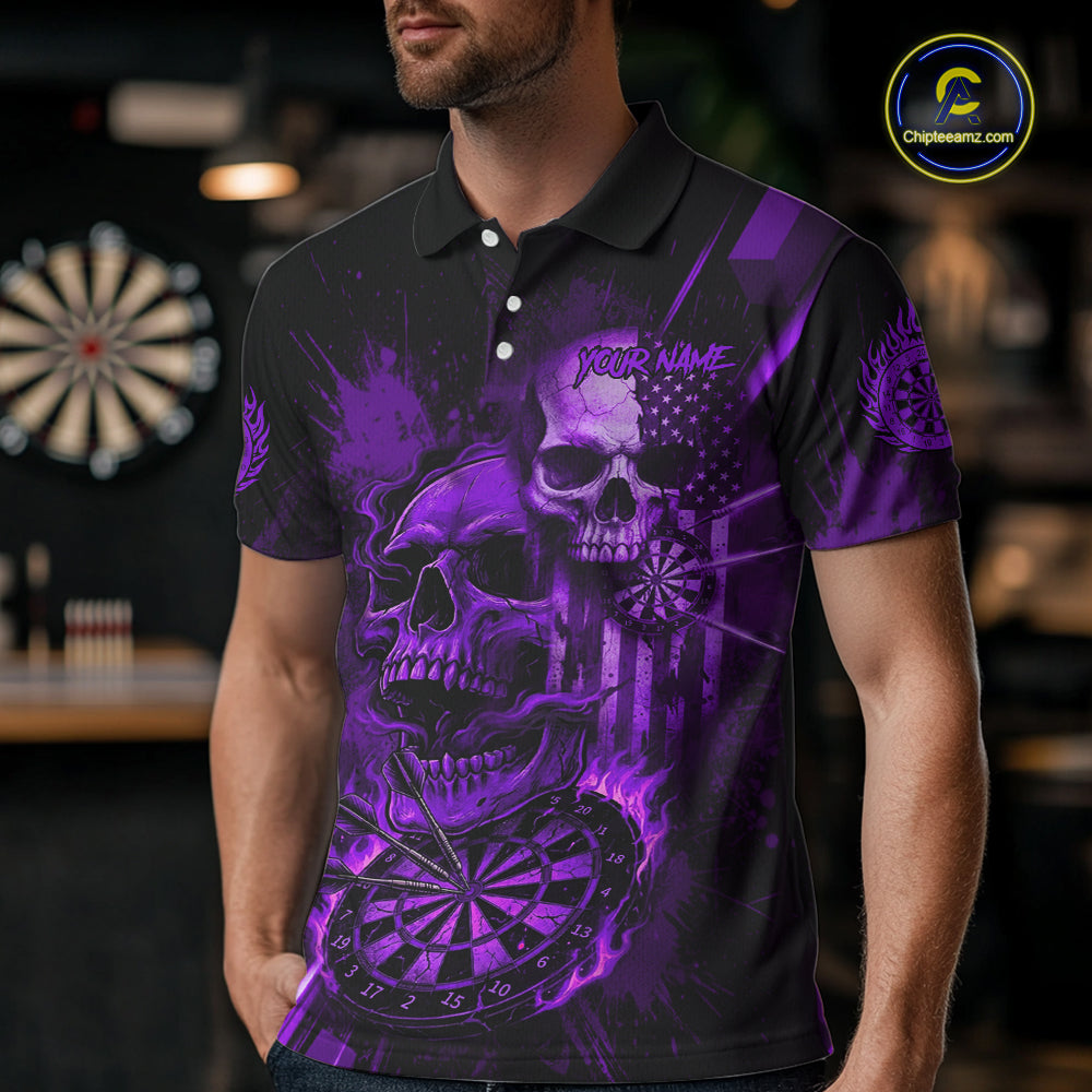 Custom Purple Smokes Grunge Skull Men Darts Polo Shirt US Flag Skull Dart League Jerseys NYN2124