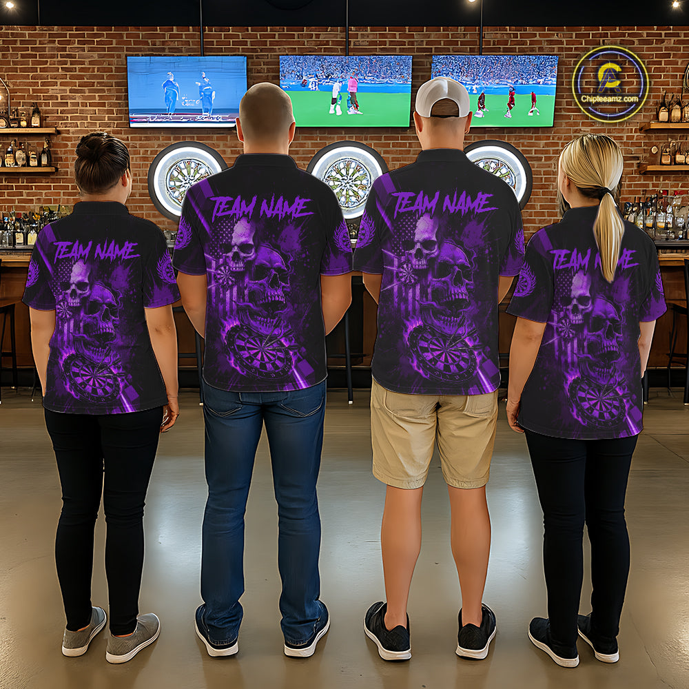 Custom Purple Smokes Grunge Skull Women Darts Polo Shirt US Flag Skull Dart League Jerseys NYN2124