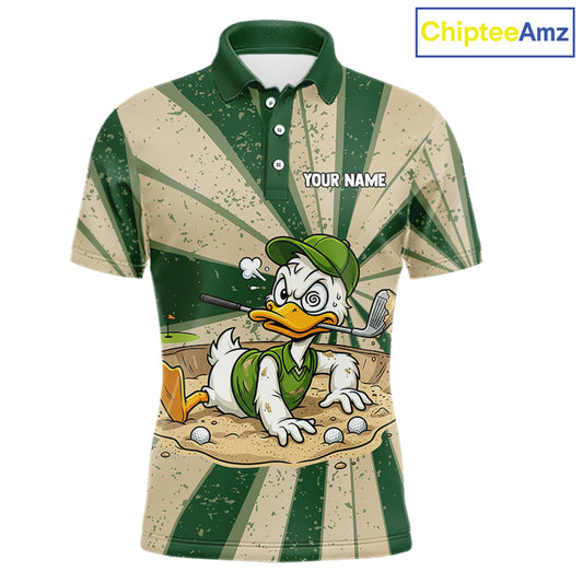Mens Funny Duck Golf Shirts Grunge Green Beige Golf Clothing Custom Golf Team Polo, Golf Upf Shirts NYN2998