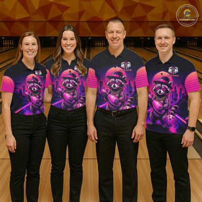 Funny Rich Raccoon Bowling Shirts For Men Custom Neon Bowling Polo & Quarter-Zip Jerseys NYN3415