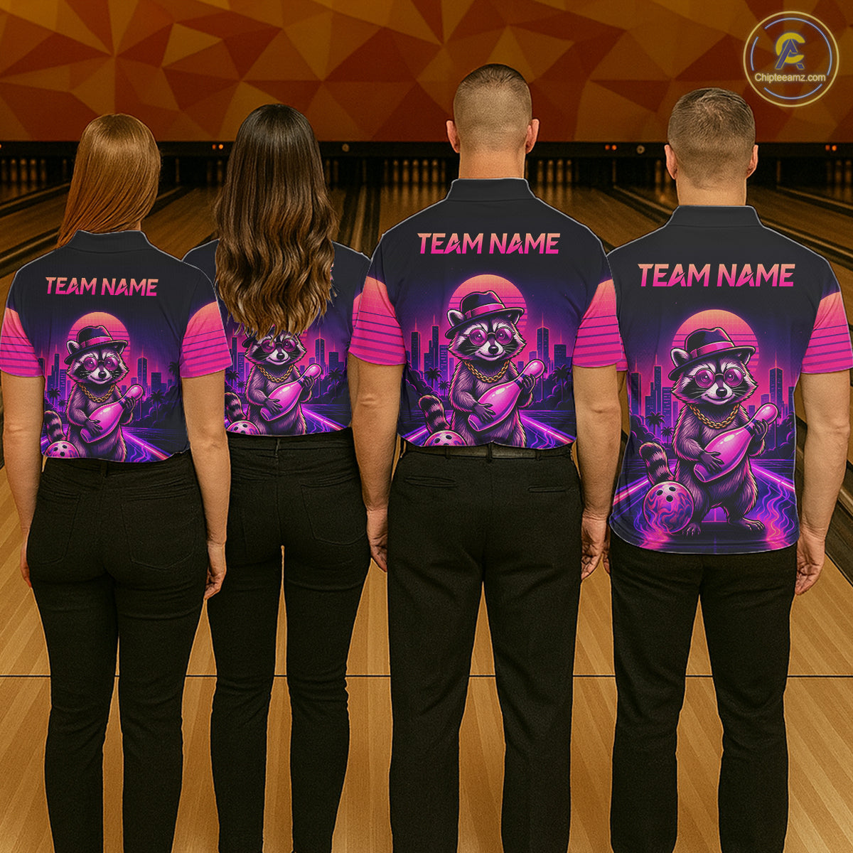 Funny Rich Raccoon Bowling Shirts For Men Custom Neon Bowling Polo & Quarter-Zip Jerseys NYN3415
