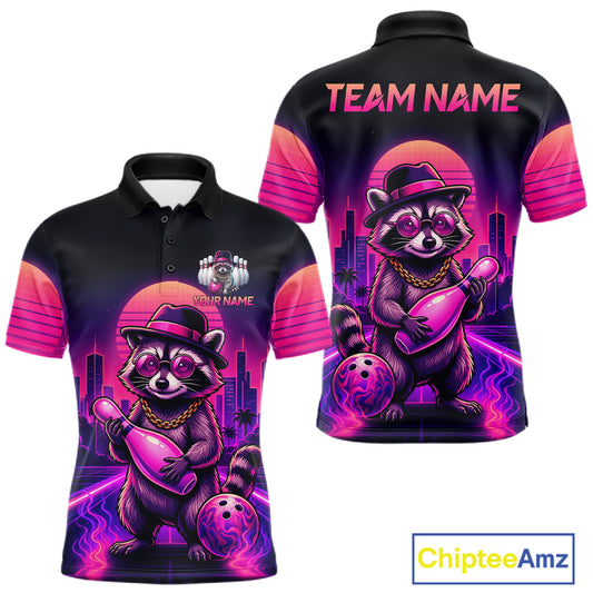 Funny Rich Raccoon Bowling Shirt For Men Custom Neon Bowling Polo Quarter Zip Jersey