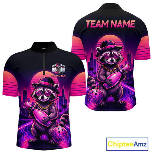 Funny Rich Raccoon Bowling Shirt For Men Custom Neon Bowling Polo Quarter Zip Jersey
