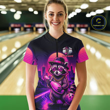 Load image into Gallery viewer, Funny Rich Raccoon Bowling Shirt For Women Custom Neon Bowling Polo Quarter Zip Jersey