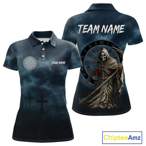 Skeleton And Dartboard Custom Blue Polo Darts Shirt For Women - Darts Team Jersey NYN0698
