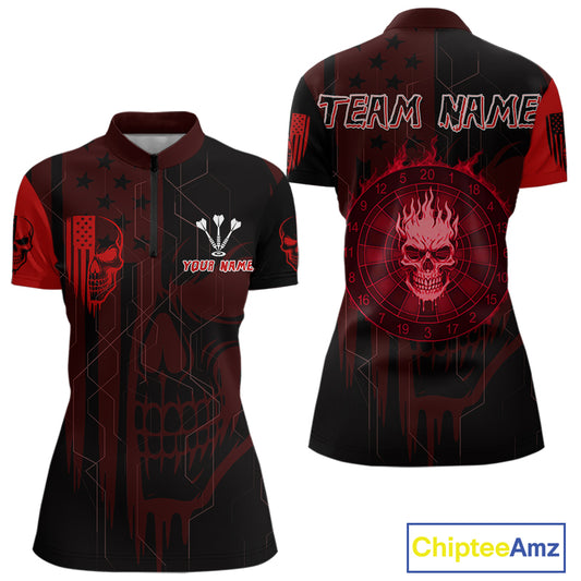Custom Darts Team Quarter-Zip Shirt For Women Red Flame Dartboard  - Darts  Jersey NYN0702