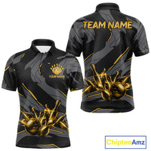 Load image into Gallery viewer, Men's bowling polo featuring grey and yellow lightning strike graphics, personalized bowling apparel for motorsport fans, cyclists, esports players and league bowlers, symbolizing optimism, creativity, intelligence and resilience.