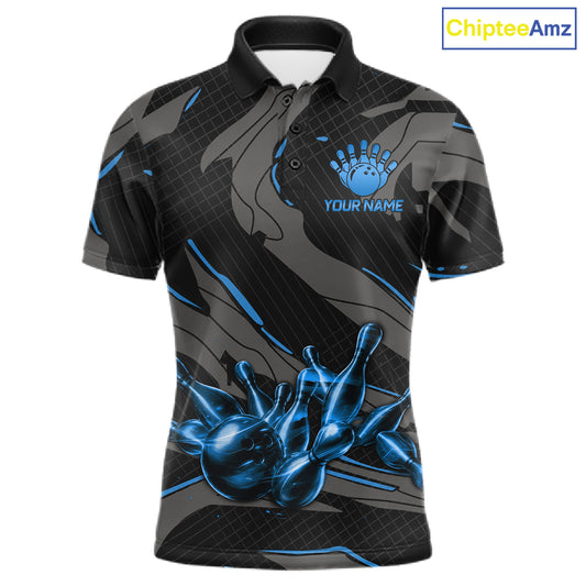 Men's bowling polo featuring grey and blue lightning strike graphics, personalized performance bowling shirt for technology enthusiasts, engineers, gamers and tournament bowlers, symbolizing clarity, intelligence, discipline and leadership.