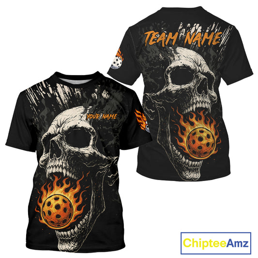 Custom Black And Red Flames Pickleball Ball T-Shirt For Men Grunge Pickleball Jerseys NYN1584