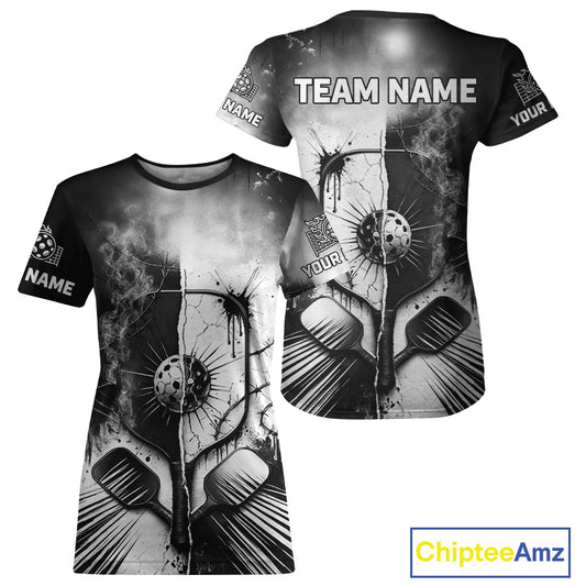 Custom Black White Pickleball Ball League Jerseys Grunge Pickleball Paddle Shirts For Women NYN2135