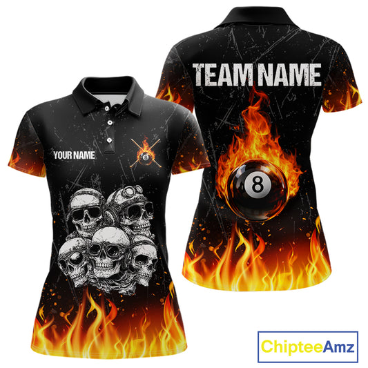 Funny Skulls Flame 8 Ball Women Billiard Team Shirts Custom Pool Ball Billiard Shirt Designs NYN2403