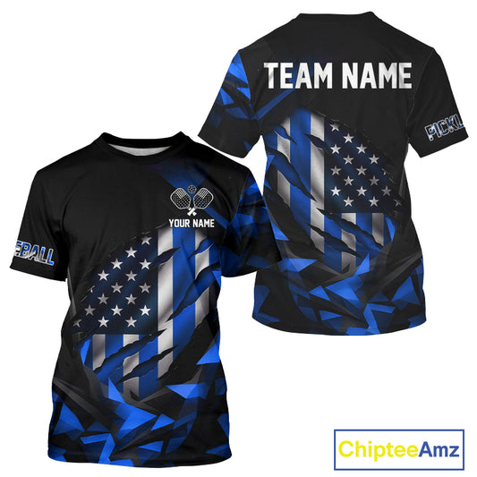 Custom Black And Blue Patriotic Pickleball T-Shirt For Men US Flag Pickleball Team Jerseys NYN2782