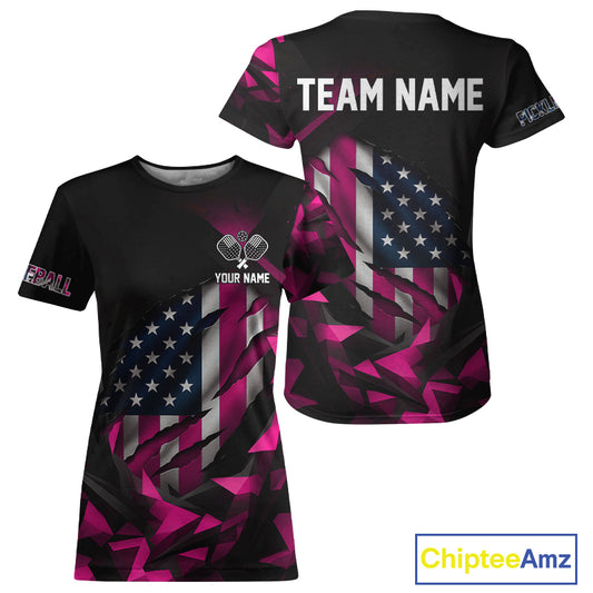 Custom Black And Pink Patriotic Pickleball T-Shirt For Women US Flag Pickleball Team Jerseys NYN2783
