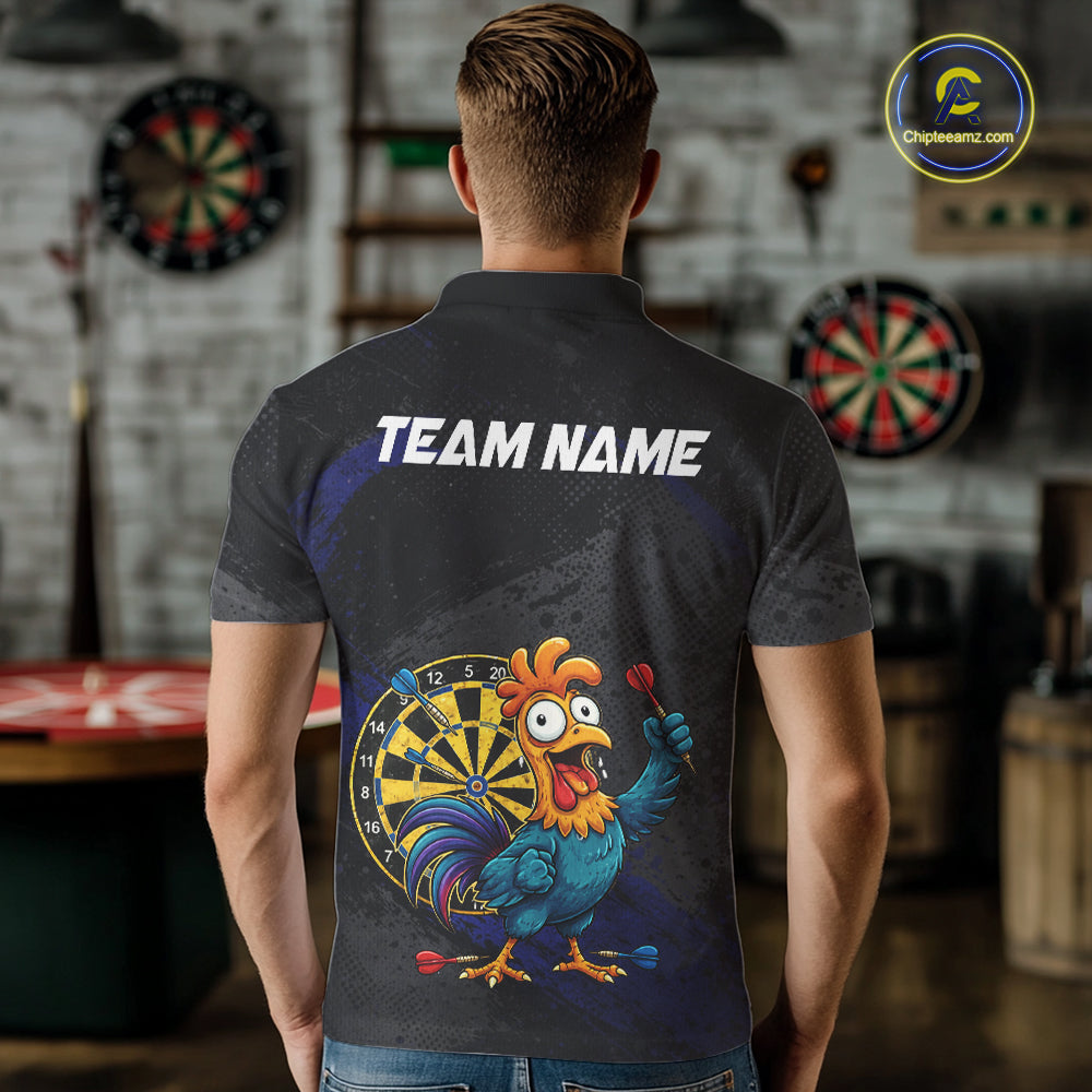 Colorful Rooster Funny Men Darts Polo & 1/4-Zip Shirt Custom Grunge Blue Dart Attire For Darters NYN3004