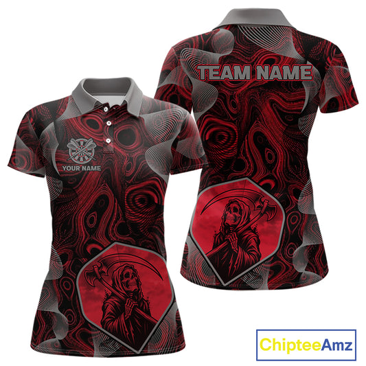 Grim Reaper Darts Flight & Red Swirl Women's Darts Team Shirt Custom Name For Players NYN0460