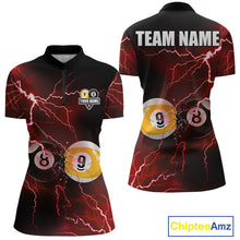 Load image into Gallery viewer, Thunder Lightning Red women's quarter zip billiard jersey featuring 8 Ball 9 Ball artwork, custom pool tournament apparel, cue sports championship team uniform