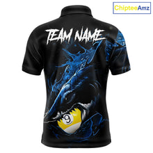 Load image into Gallery viewer, Funny Shark Blue men's billiard polo jersey, custom pool team shirt with shark artwork, cue sports apparel, league championship uniform, player gift