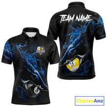 Load image into Gallery viewer, Funny Shark Blue men's billiard polo jersey, custom pool team shirt with shark artwork, cue sports apparel, league championship uniform, player gift