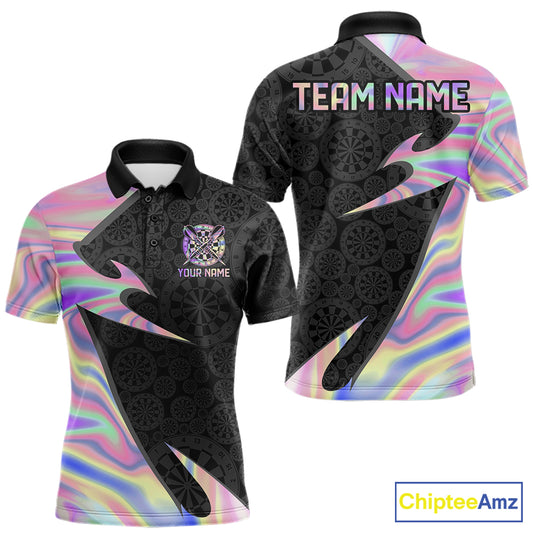 Pink Holographic dartboard men's darts polo with black base, custom league jersey, personalized tournament apparel, premium darts team clothing, holographic sportswear