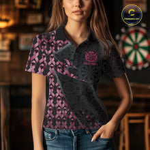 Load image into Gallery viewer, Female model wearing Black &amp; Pink Ribbon Grunge darts polo, custom awareness tournament jersey, personalized league apparel, stylish distressed athletic uniform